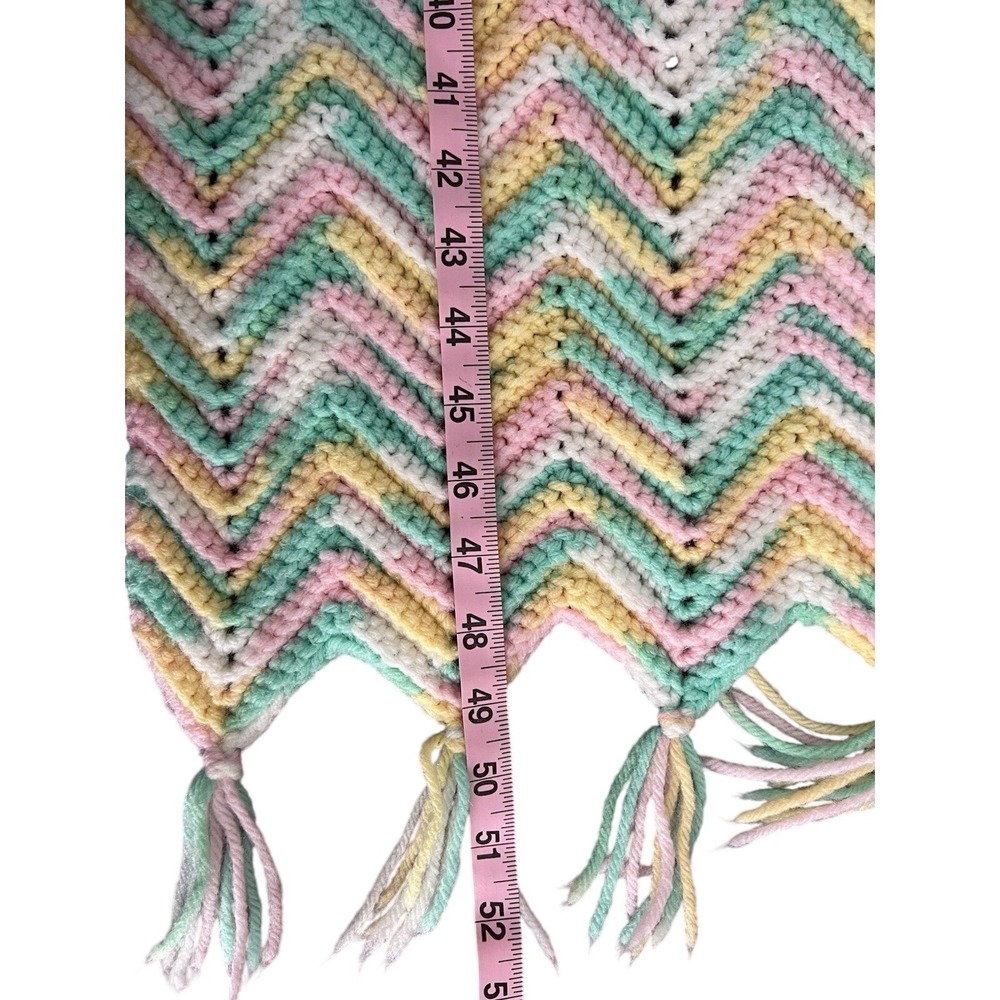 Handmade Crochet Chevron Throw Blanket Pastel Pink Yellow Green Zig Zag Tassels - Picture 5 of 6